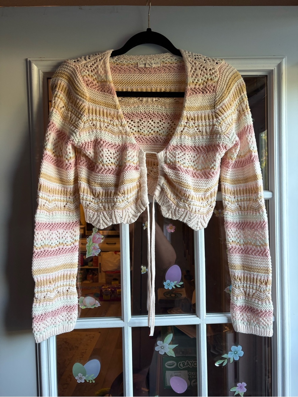 Aeropostale Cream, Pink & Yellow Crochet Tie-Front Cardigan
